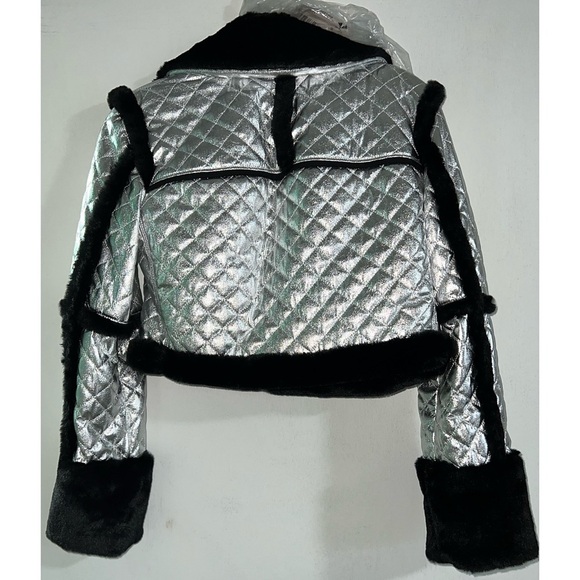 Alice + Olivia Luisana Vegan Leather Quilted Metallic Fur Combo Jacket Coat - Picture 9 of 17